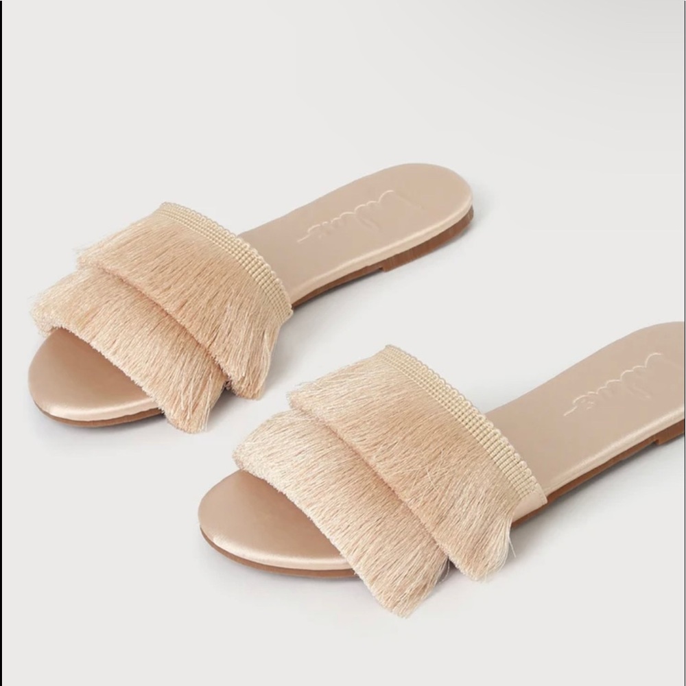 Maelie Light Nude Satin Fringe Slide Sandals